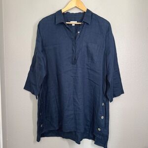 J Jill Love Linen‎ Size L Navy Blue Button Up 3/4 Sleeve Tunic Top Button Sides